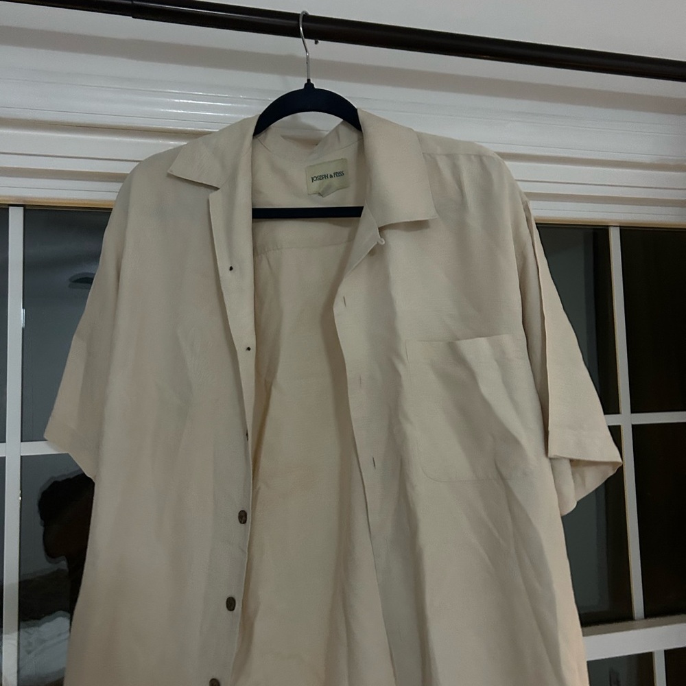 Silk Beige Short Sleeve Button-Up Shirt